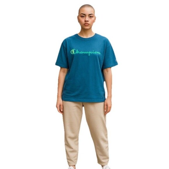 Champion Women's Boxy T-Shirt Logo Athleticwear Teal Blue Soft Cotton Plus XXL - Picture 2 of 13